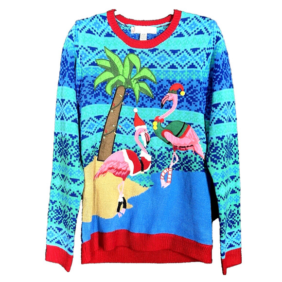 Jolly Sweaters Light Up Christmas Sweater Womens Medium Beach Flamingo Tropical - Picture 1 of 11